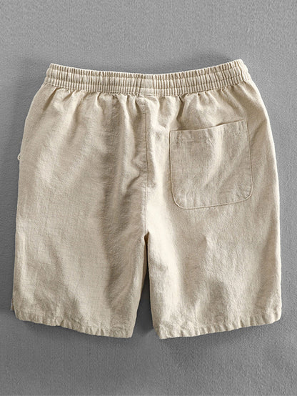 Short Sleeve V Neck Linen Rayon Blend Shirt & Linen Cotton Blend Drawstring Shorts