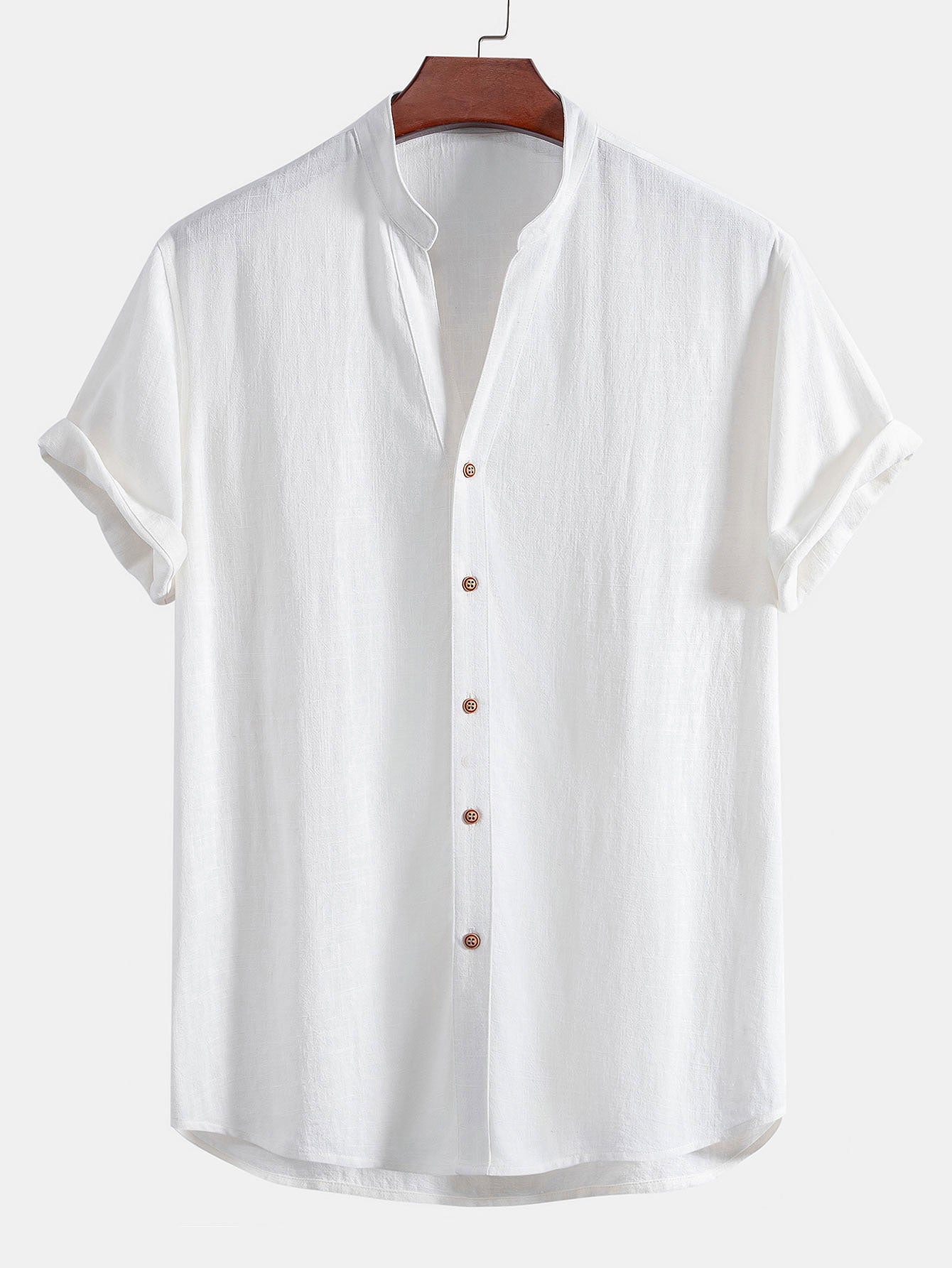Short Sleeve V Neck Linen Rayon Blend Shirt & Wrinkle Textured Straight Leg Pants