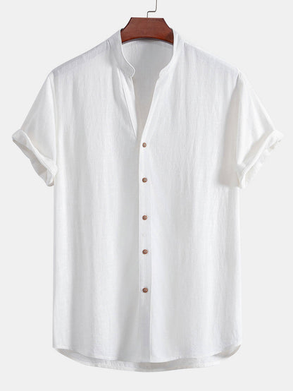Short Sleeve V Neck Linen Rayon Blend Shirt & Wrinkle Textured Straight Leg Pants