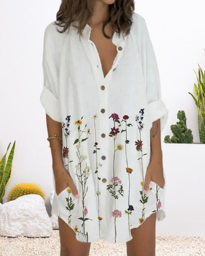 Printed button long sleeve pocket dress