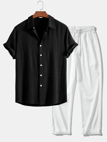 Linen Rayon Blend Button Up Shirt & Wrinkle Textured Straight Leg Pants