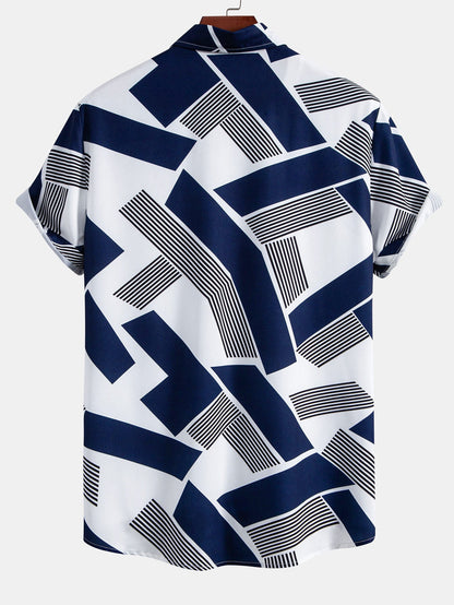 Color Block Geometry Print Button Up Shirt & Swim Shorts