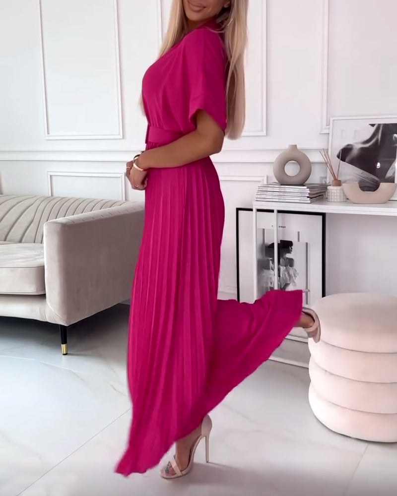Solid color V-neck short-sleeve pleated elegant dress
