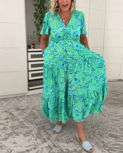 Short-sleeved pocket printed dress