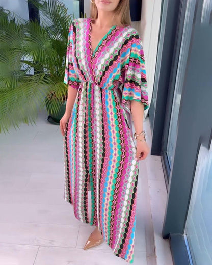 Colorful patchwork printed V-neck three-quarter sleeve dress