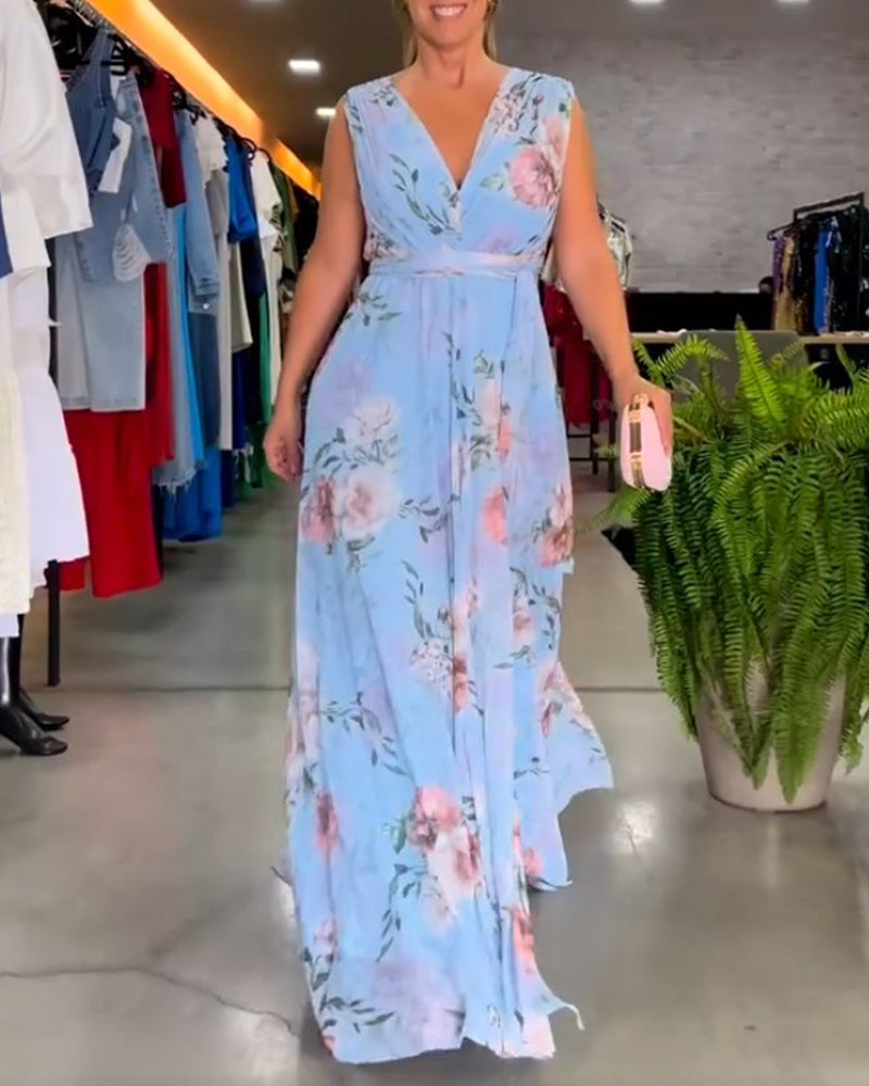 Floral print V-neck elegant sleeveless dress