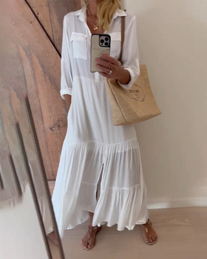 Lapel solid color patchwork casual dress