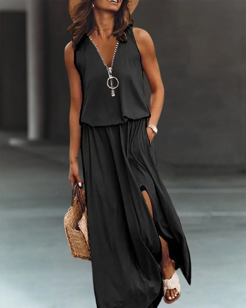 V Neck Zipper Dress