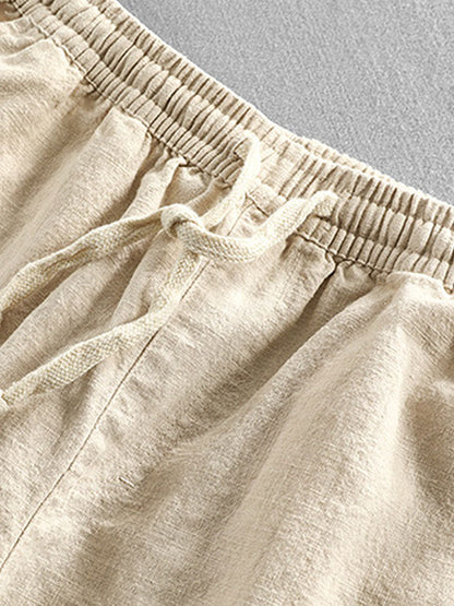 Short Sleeve V Neck Linen Rayon Blend Shirt & Linen Cotton Blend Drawstring Shorts