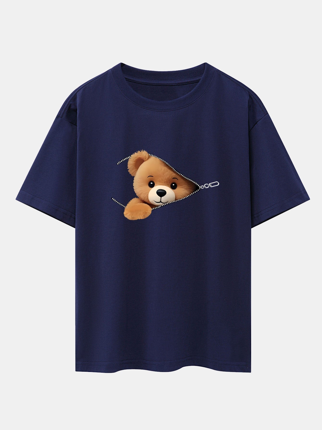 Zipper Bear Print Drop Shoulder Oversize T-Shirt