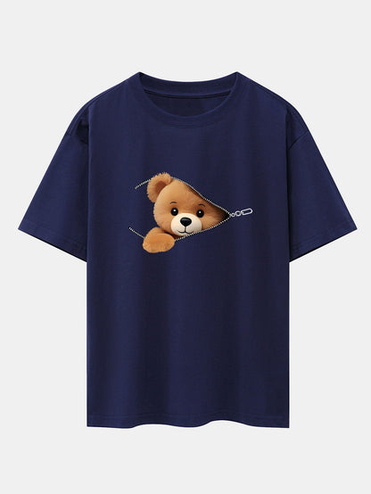 Zipper Bear Print Drop Shoulder Oversize T-Shirt