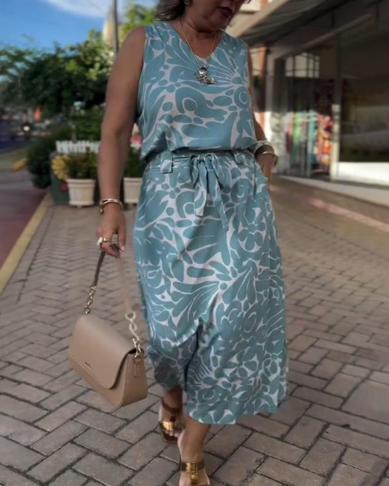 Sleeveless Printed Tie Waist Dress