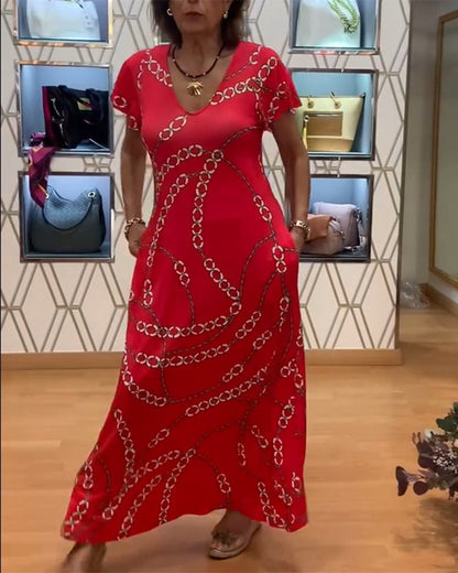 V-Neck Chain Print Maxi Dress