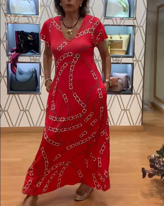 V-Neck Chain Print Maxi Dress