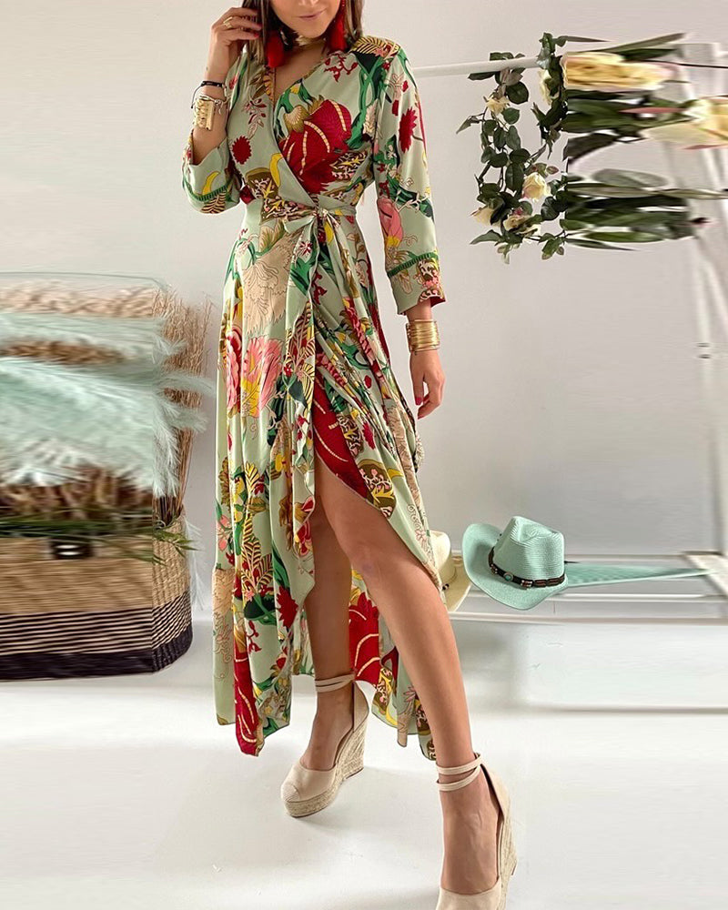 Women's lace-up floral waist long dress