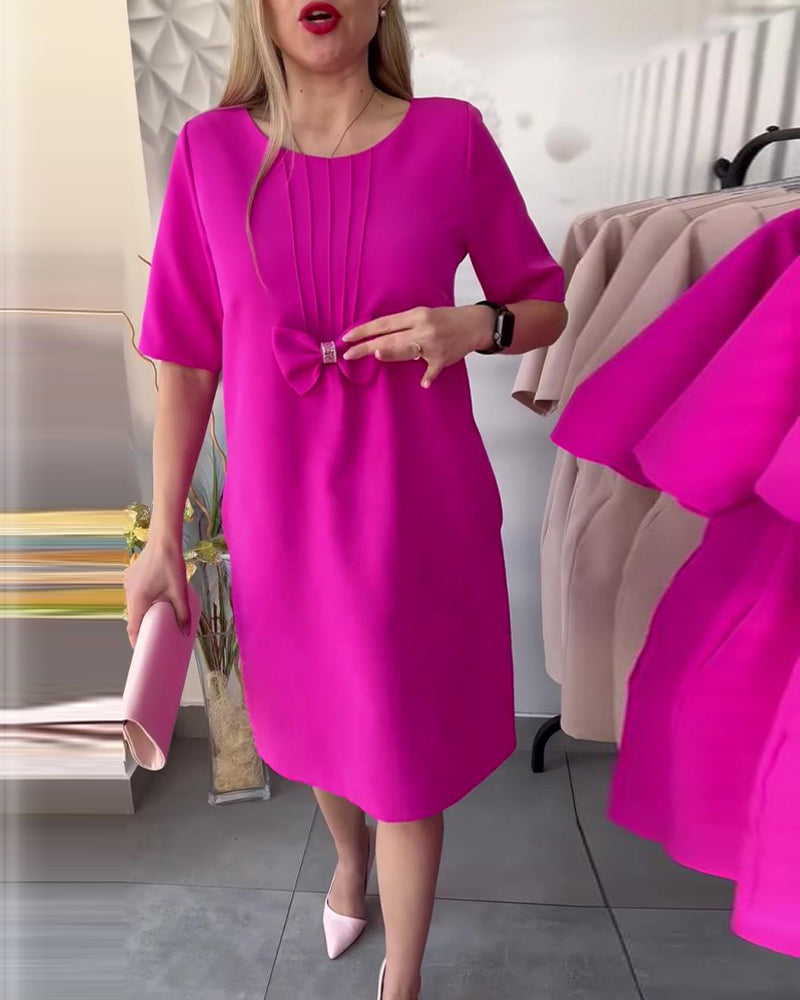 Fashion solid color bow round neck dress