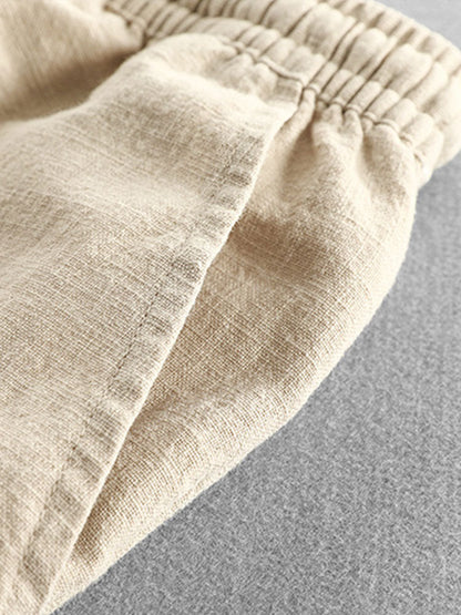 Short Sleeve V Neck Linen Rayon Blend Shirt & Linen Cotton Blend Drawstring Shorts