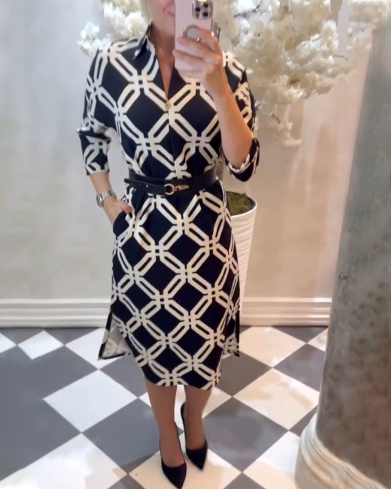 Geometric print side slit elegant dress