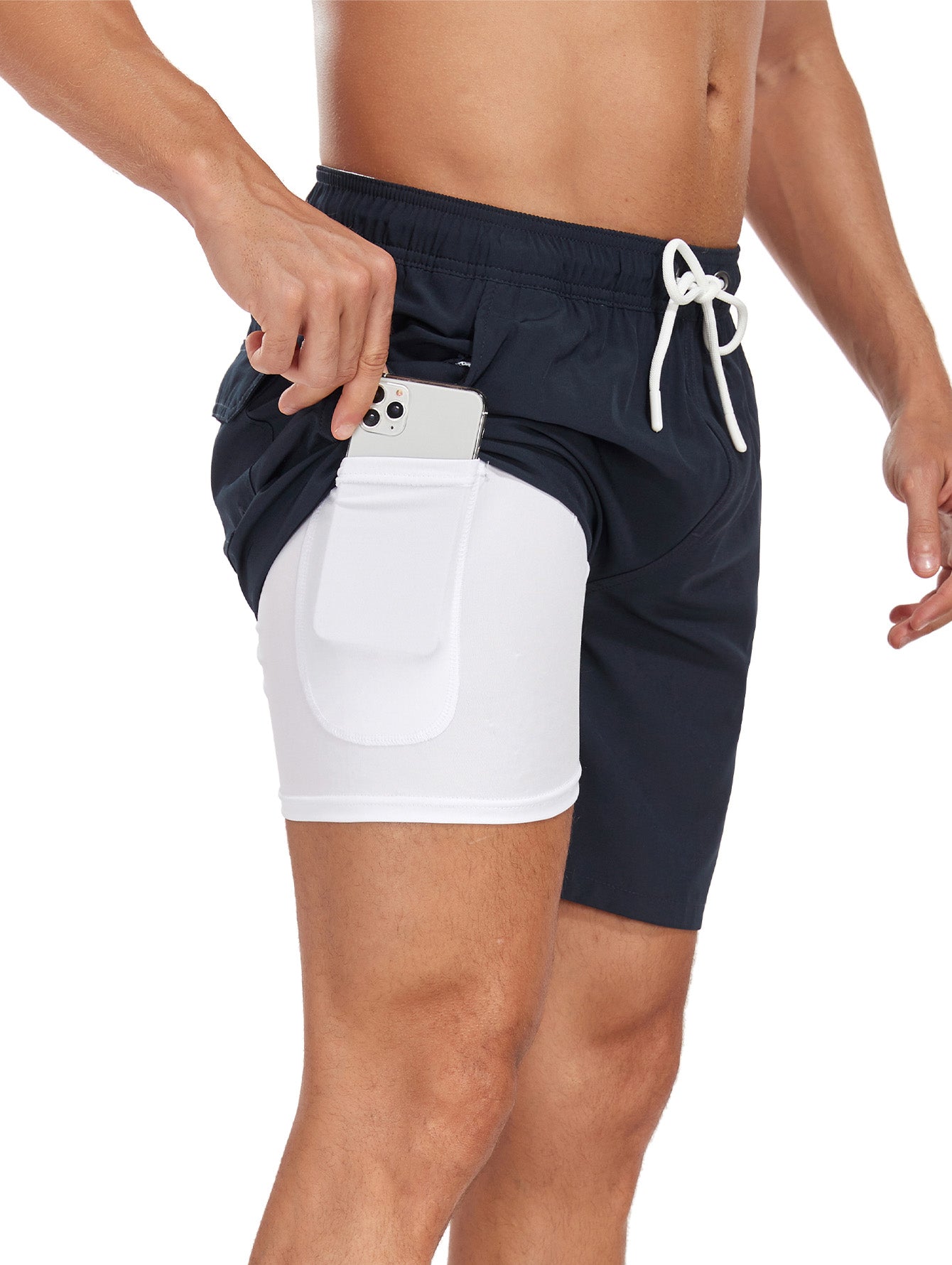 2 In 1 Solid Color Drawstring Swim Shorts