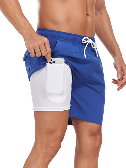 2 In 1 Solid Color Drawstring Swim Shorts