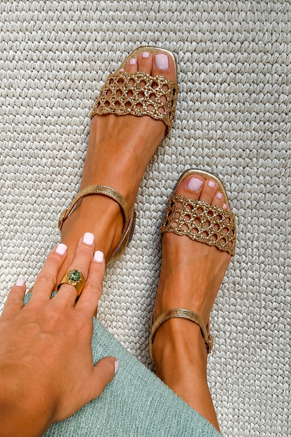 Ludovica gold woven square toe flat sandals in Gold