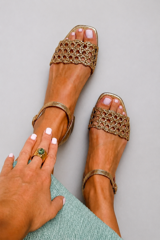 Ludovica gold woven square toe flat sandals hero view
