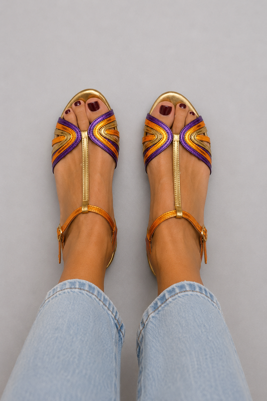 Emilia multicolour T-strap sandals hero view