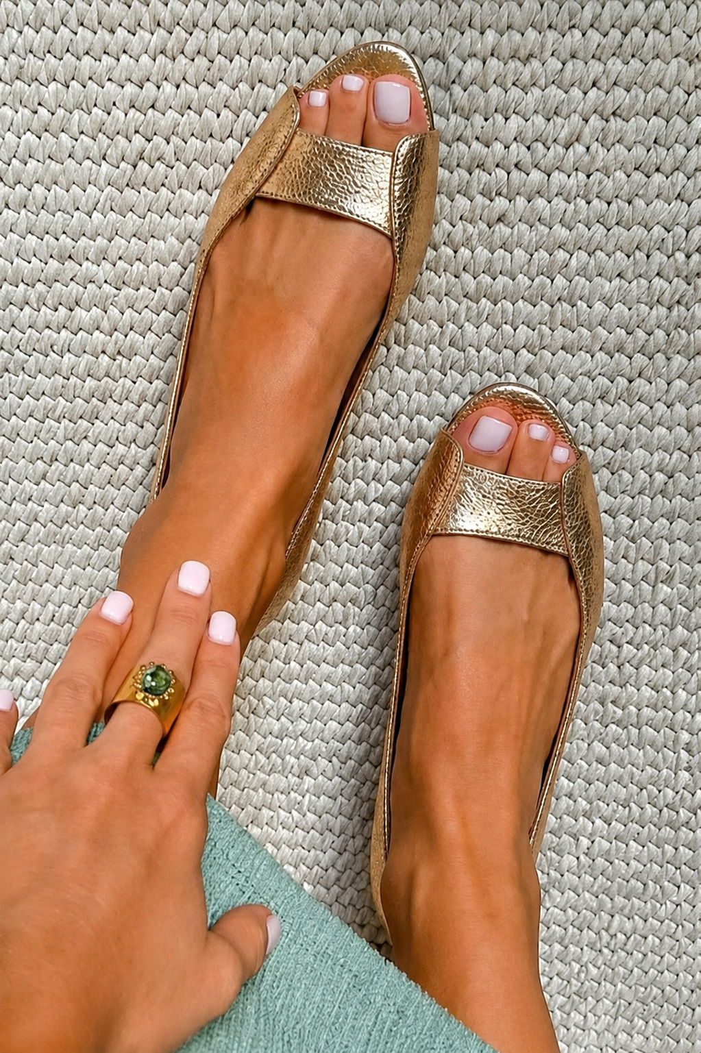 Vittoria metallic textured peep toe flats in Gold