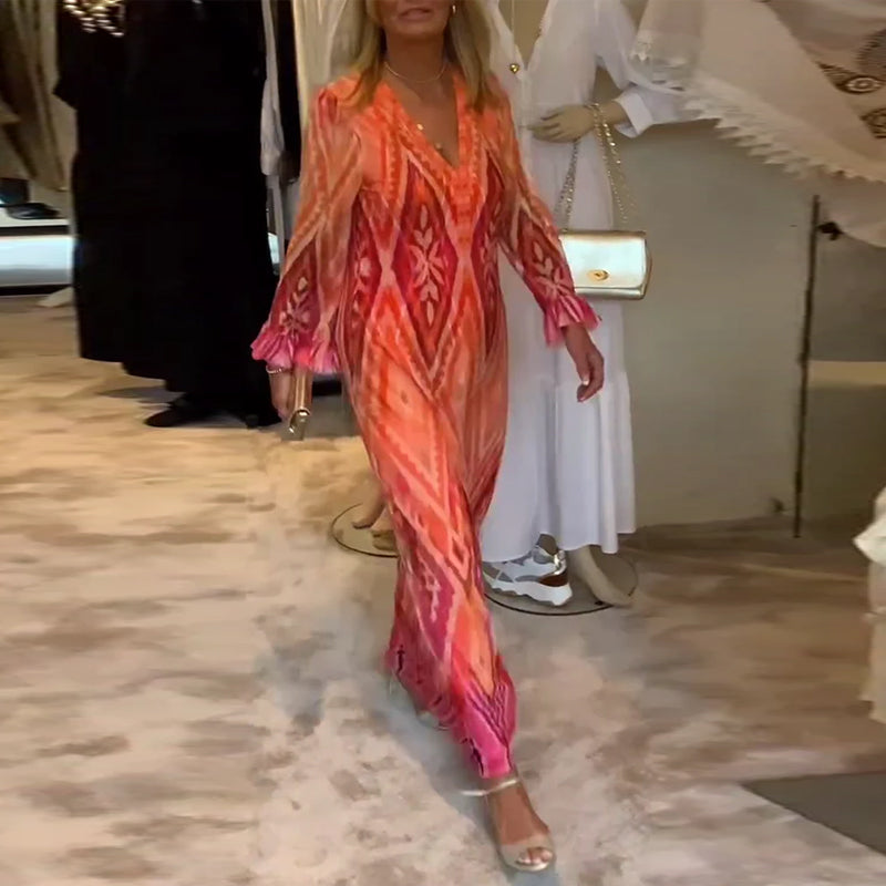 Retro geometric print deep v long sleeve dress