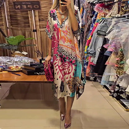 Casual leopard and colorful print deep V dress