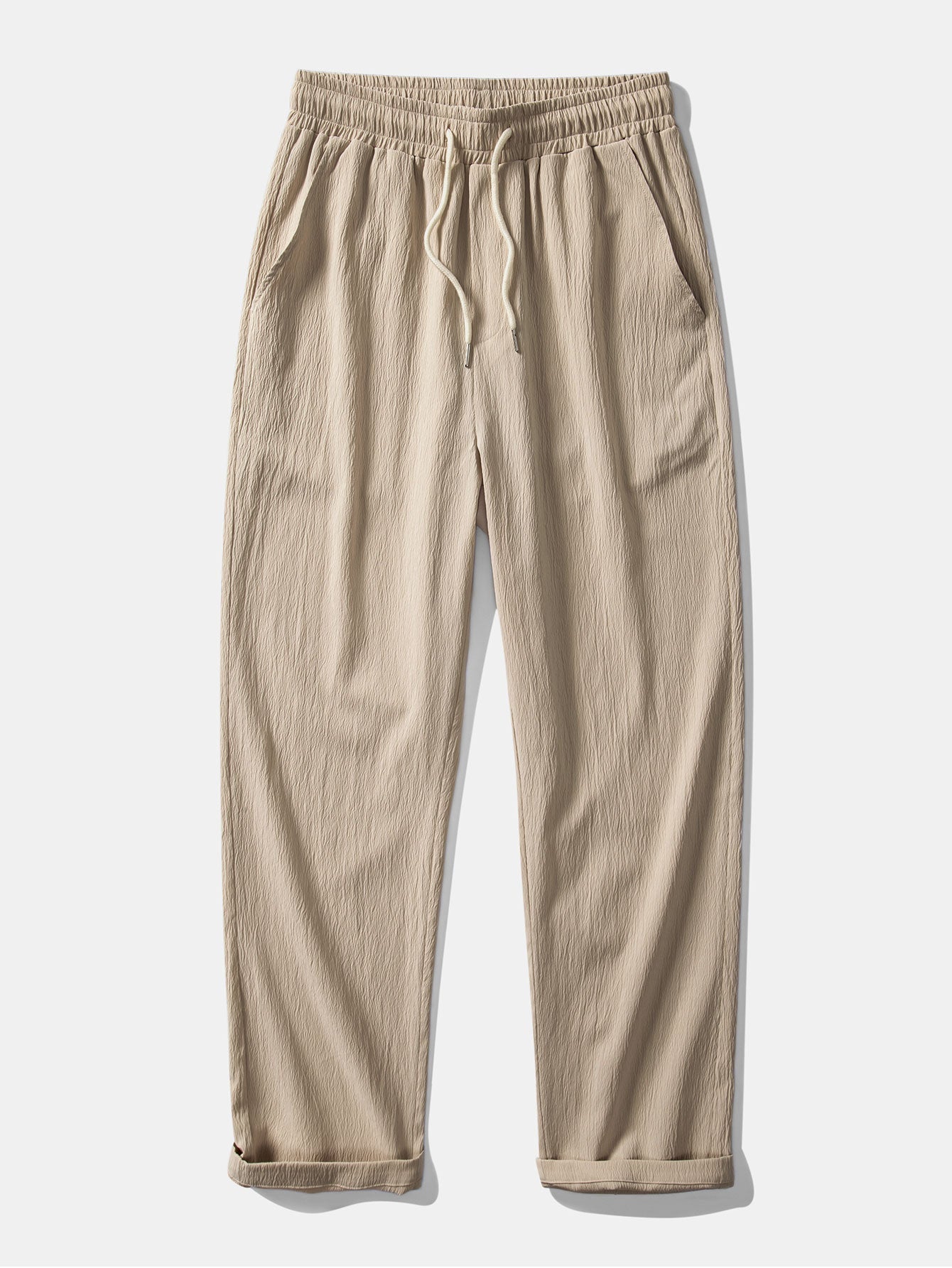 Short Sleeve V Neck Linen Rayon Blend Shirt & Wrinkle Textured Straight Leg Pants