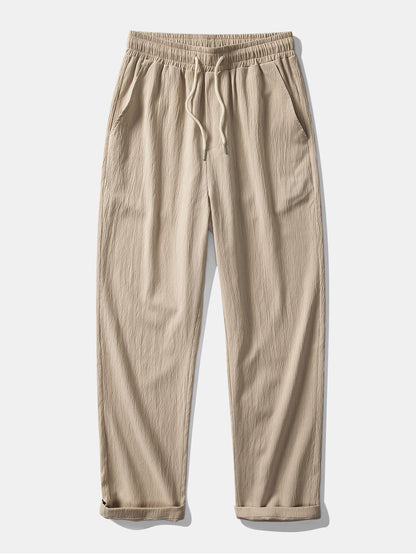 Short Sleeve V Neck Linen Rayon Blend Shirt & Wrinkle Textured Straight Leg Pants