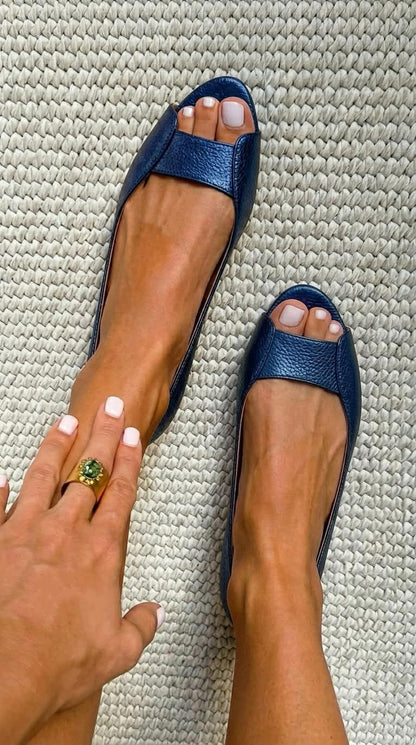 Vittoria metallic textured peep toe flats in Navy