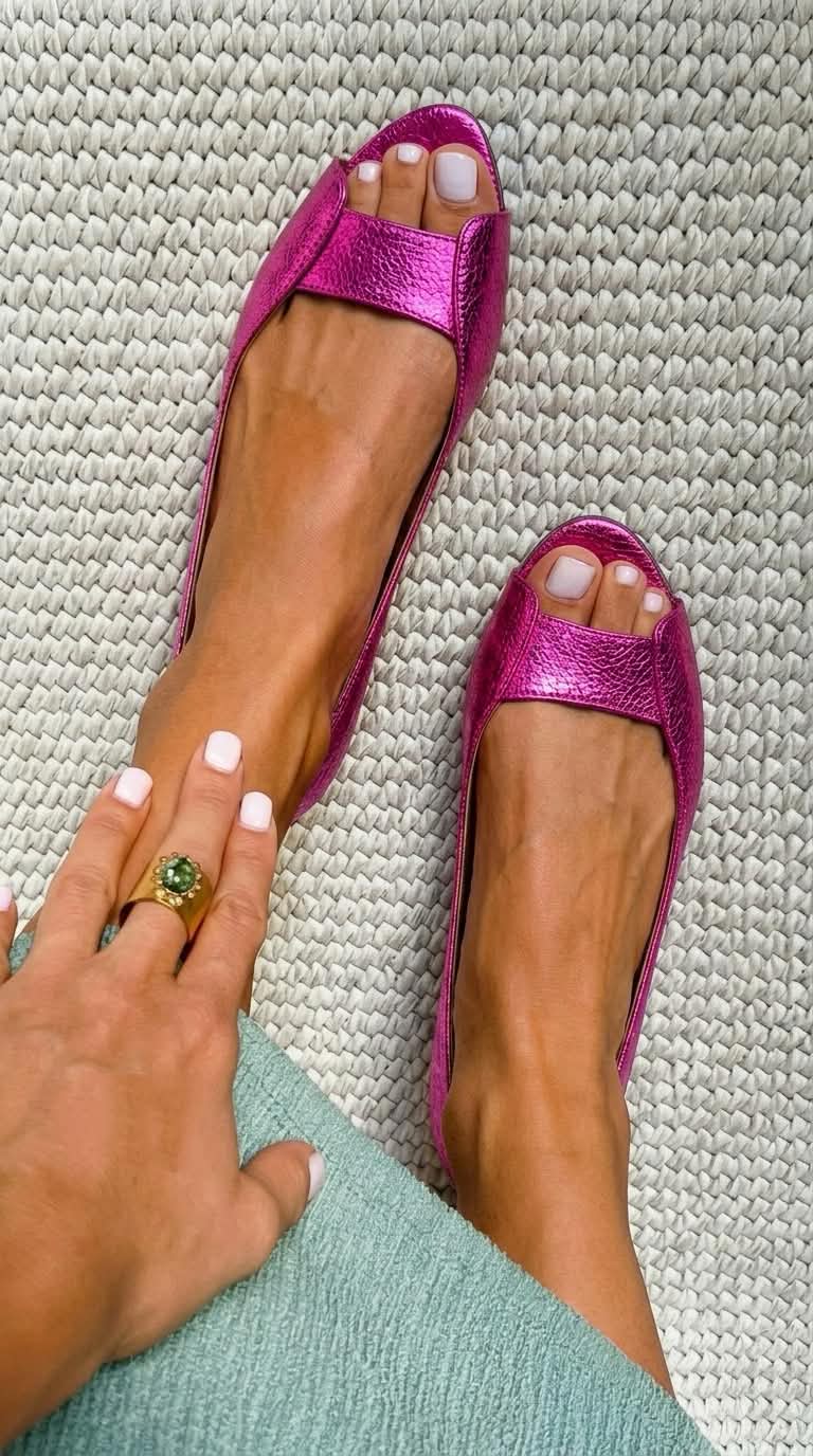 Vittoria metallic textured peep toe flats in Pink