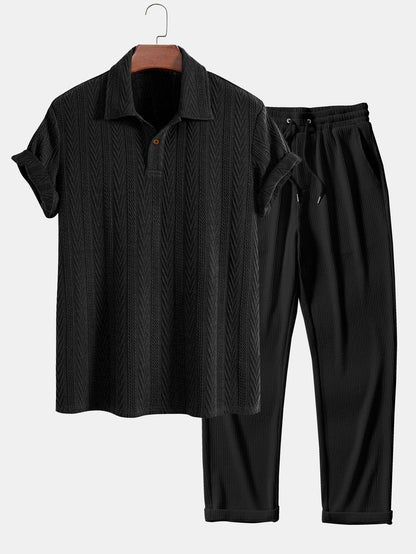Short Sleeve Jacquard Polo & Straight Leg Ribbed Pants