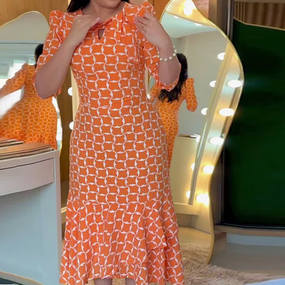 Half Sleeve Round Neck Waist Print Dress