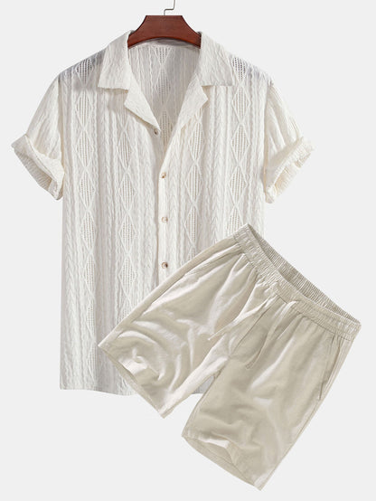 Geometric Jacquard Eyelet Cuban Shirt & Linen Drawstring Shorts