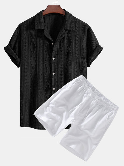 Geometric Jacquard Eyelet Cuban Shirt & Linen Drawstring Shorts