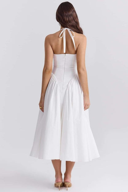 PLEATED STITCHING DEEP V NECK HALTER WAIST PLAIN MIDI DRESSES