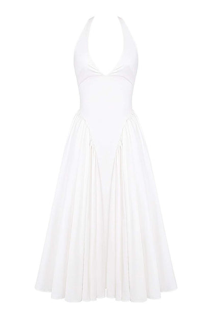 PLEATED STITCHING DEEP V NECK HALTER WAIST PLAIN MIDI DRESSES
