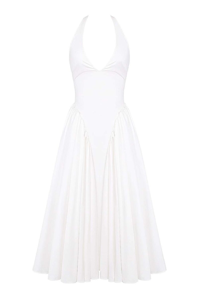 PLEATED STITCHING DEEP V NECK HALTER WAIST PLAIN MIDI DRESSES