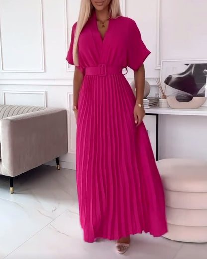 Solid color V-neck short-sleeve pleated elegant dress