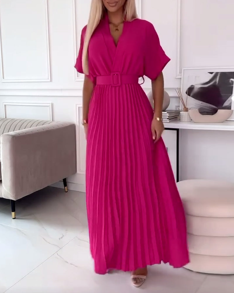 Solid color V-neck short-sleeve pleated elegant dress