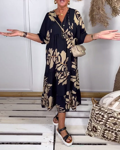Contrast leaf print casual dress