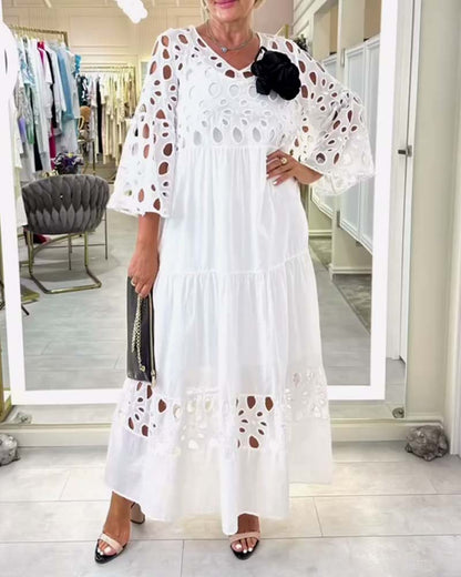 Elegant Solid Color Lace Hole Dress