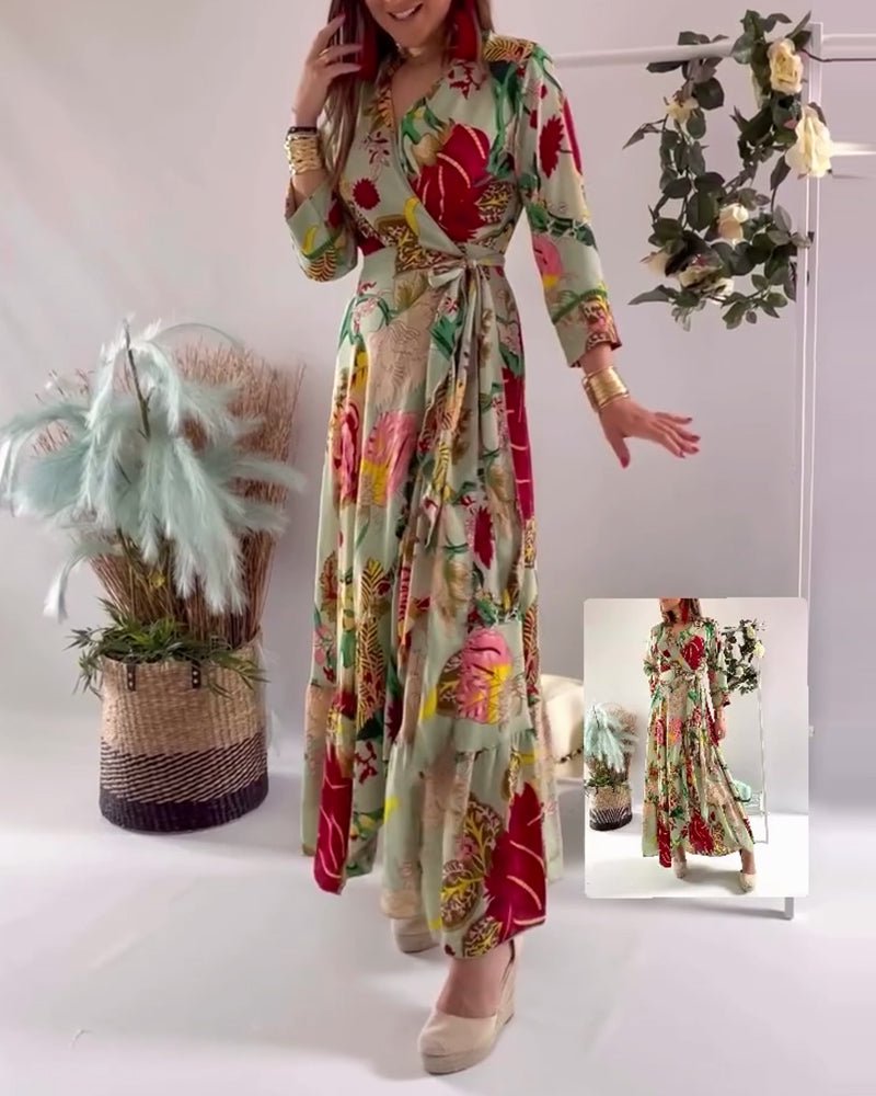 Women's lace-up floral waist long dress