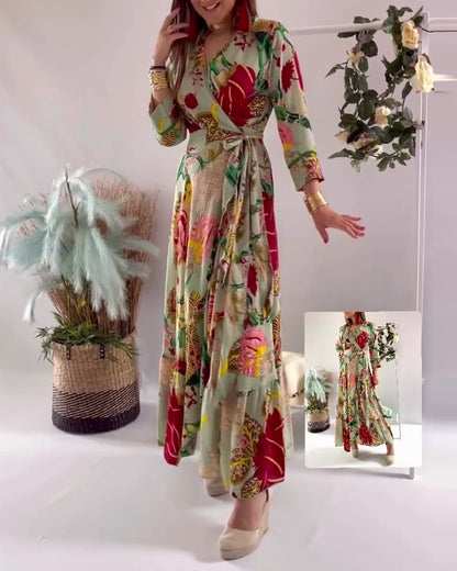 Women's lace-up floral waist long dress