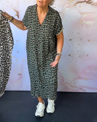 V-neck short-sleeved leopard print dress