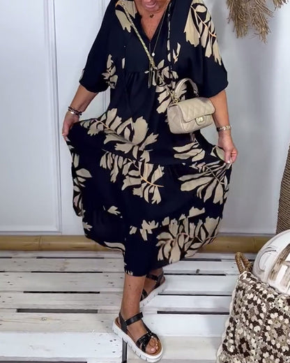 Contrast leaf print casual dress