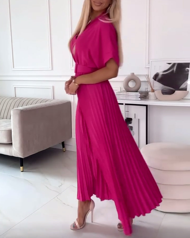 Solid color V-neck short-sleeve pleated elegant dress